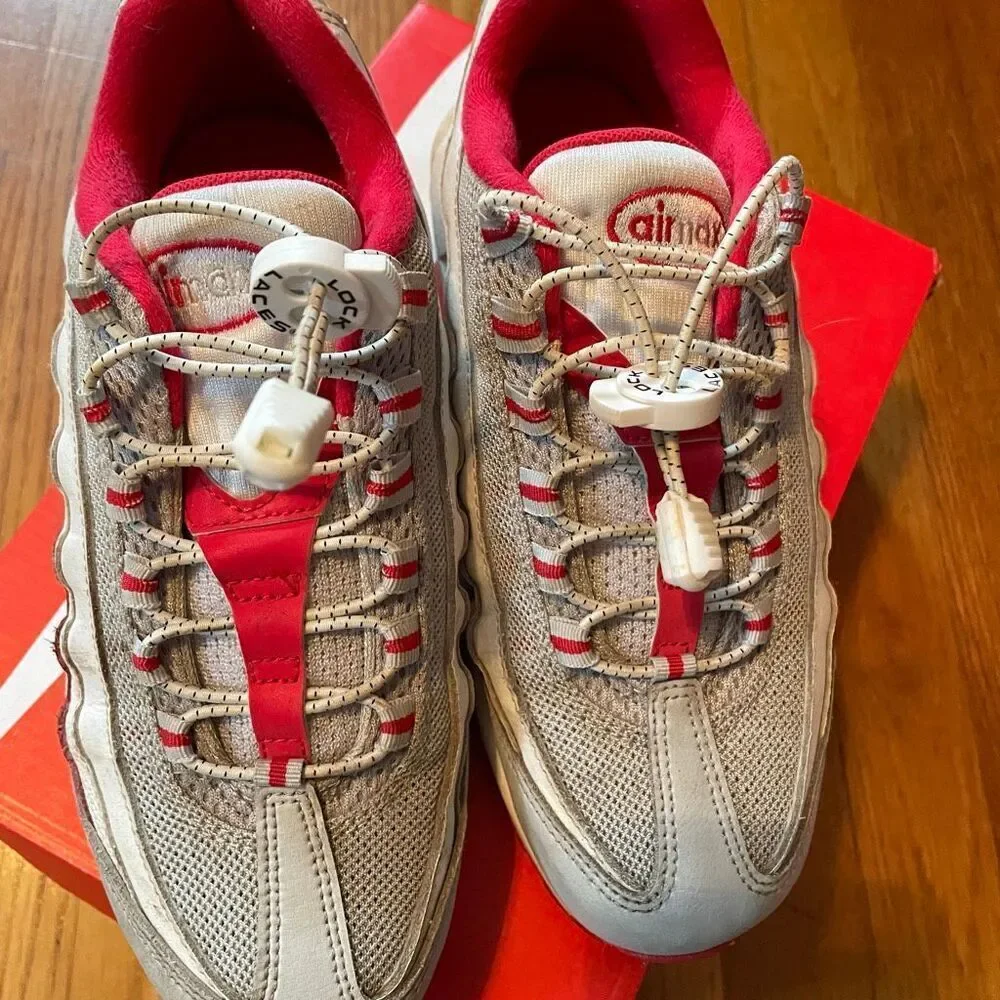 NIKE | air max 95 recraft (gs) grey fog/hyper red-white size 5 youth $140